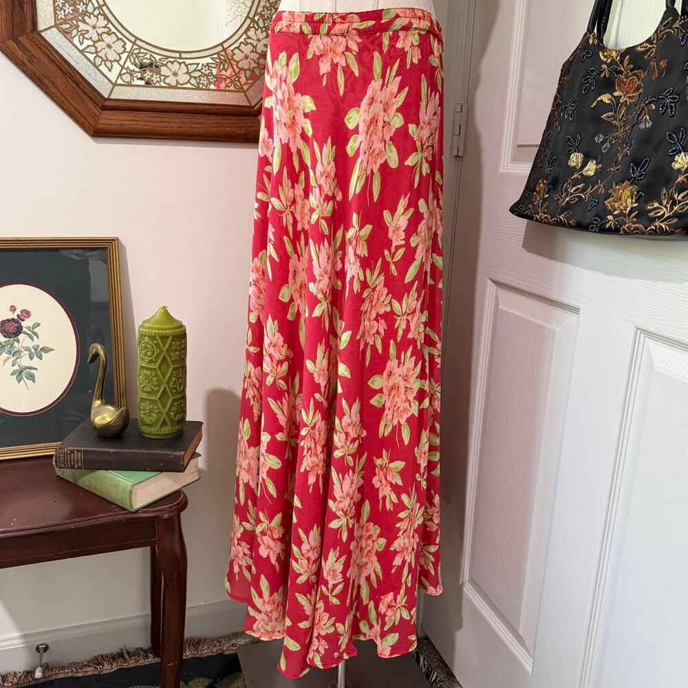 Coldwater Creek Red & Pink Floral Pattern Reversible Swirly Pattern Maxi Skirtr